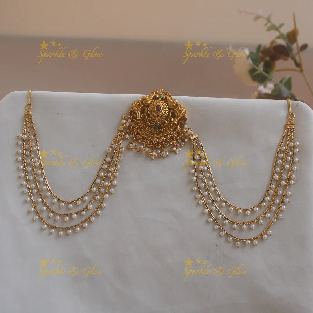 Exclusive Elephant flower carved Jada billa with pearl maatil with ruby and emerald - Sparkle and Glow