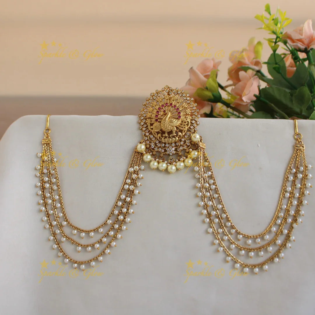 Gorgeous Peacock carved floral Jada billa with pearl maatil with ruby and CZ stones - Sparkle and Glow