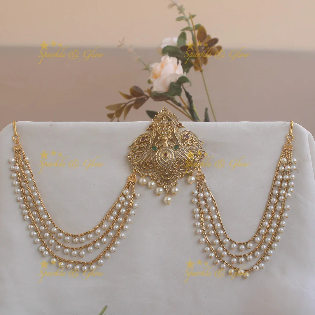 Gorgeous Peacock leaf design Jada billa with pearl maatil with ruby emerald and CZ stones - Sparkle and Glow