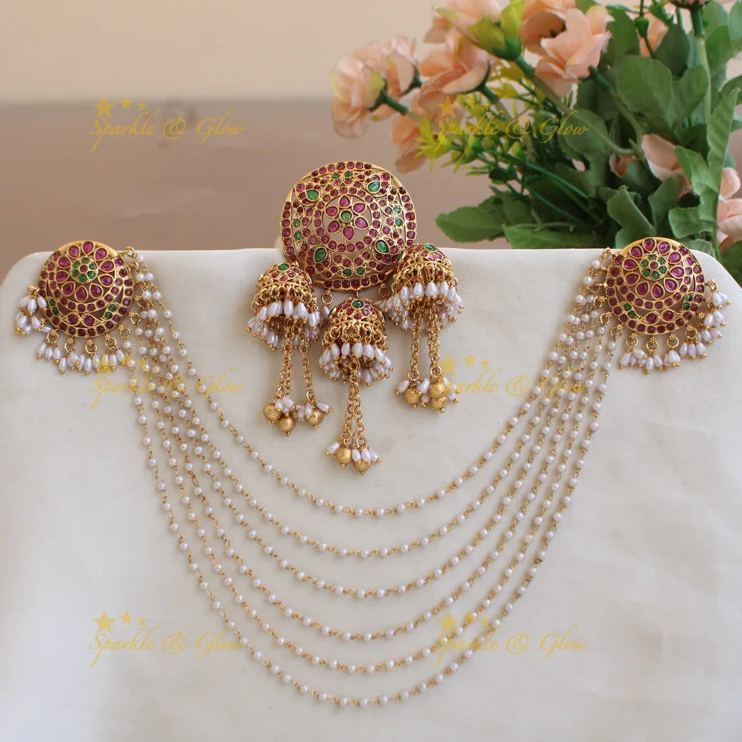 Gorgeous Floral moon design kemp stone Jada billa with pearl maatil with jhumuka drop - Sparkle and Glow