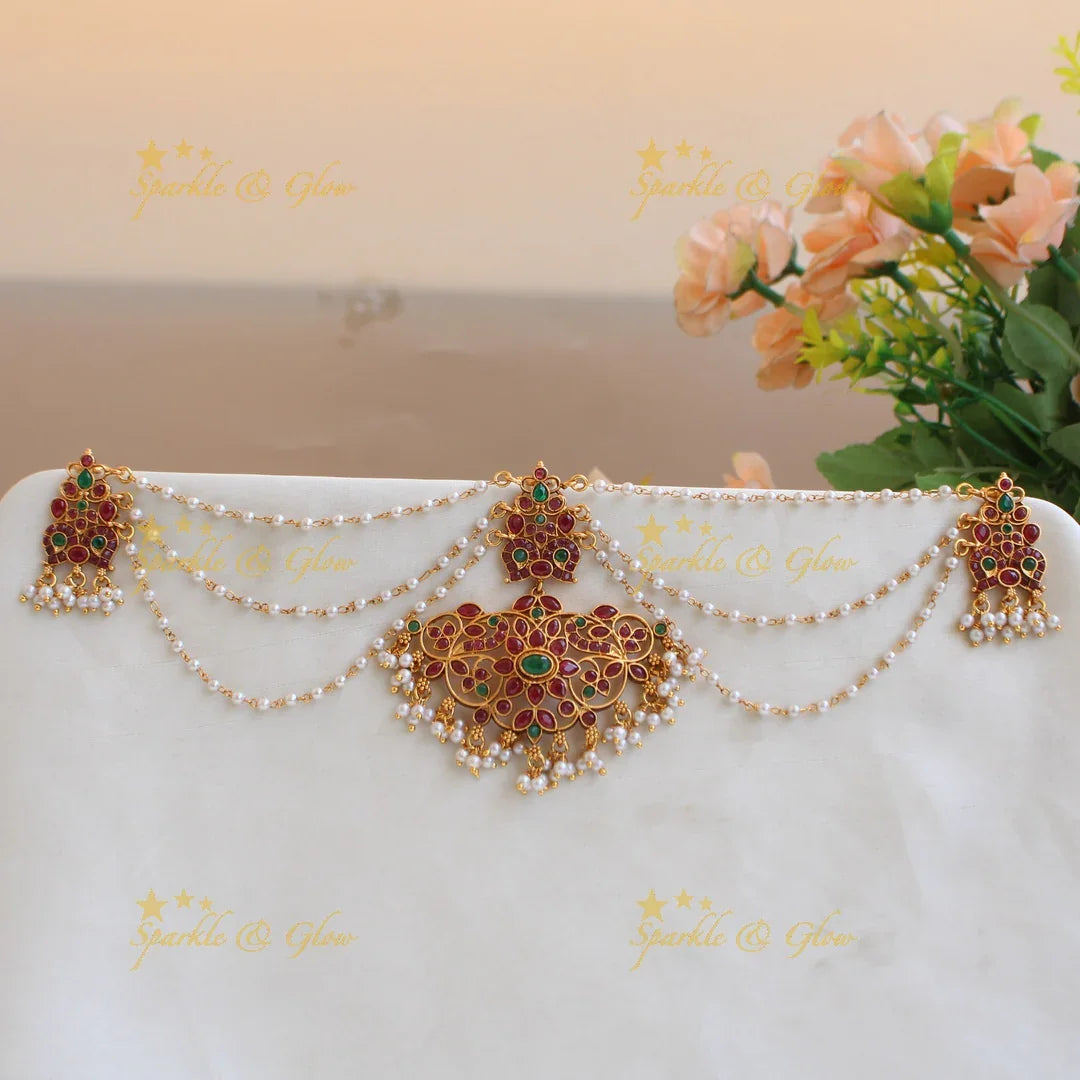 Elegant Floral leaflet and peacock design kemp stone Jada billa with pearl maatil - Sparkle and Glow