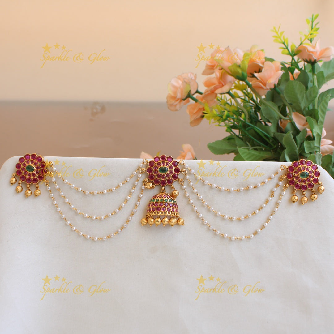 Gold alike Floral kemp stone Jada billa with pearl maatil with jhumuka drops and gold beads