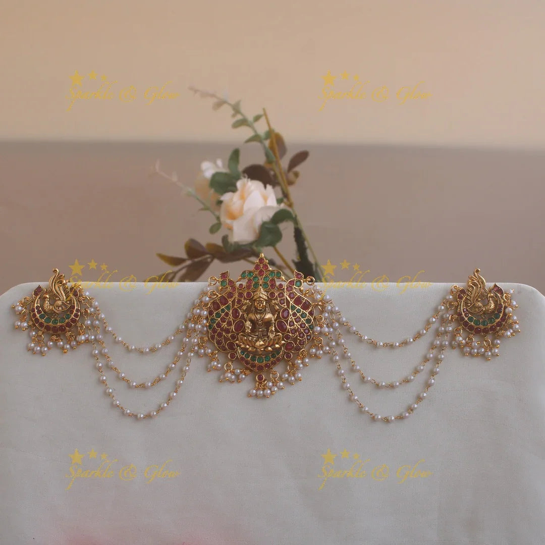 Exclusive Lakshmi peacock carved Jada billa with pearl maatil with ruby emerald and pearl drops - Sparkle and Glow