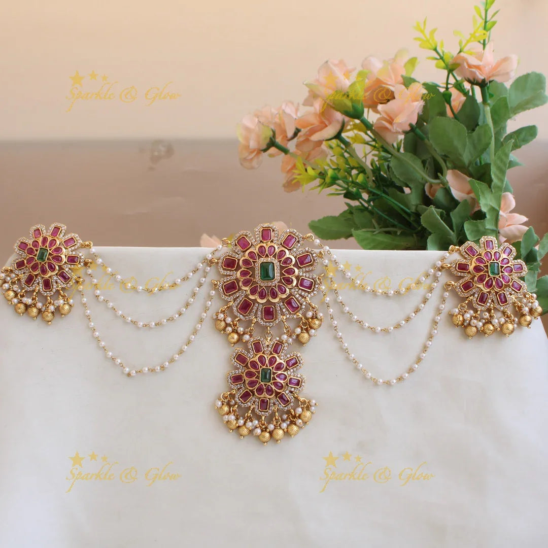 Exclusive Floral design Jada billa with pearl maatil with ruby emerald and gold beads - Sparkle and Glow