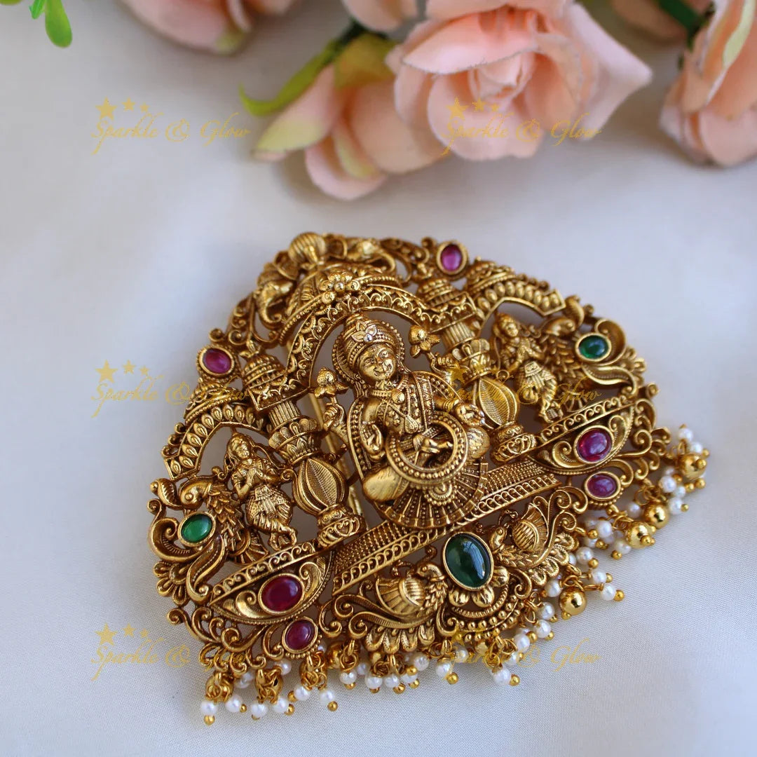 Gold alike Lakshmi peacock carved hair pin with ruby emerald and pearl drops - Sparkle and Glow