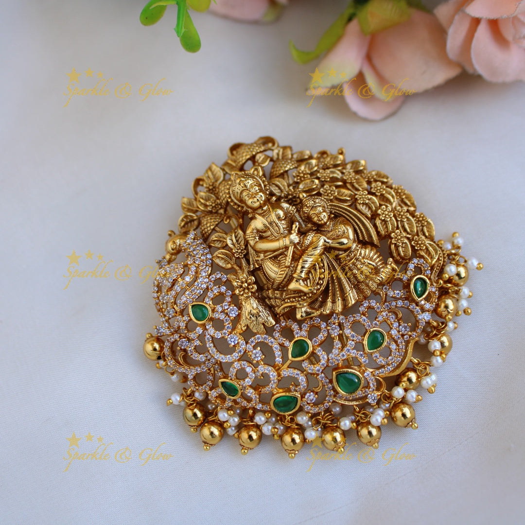 Stunning Radha krishna carved peacock design hair pin with emerald and gold beads