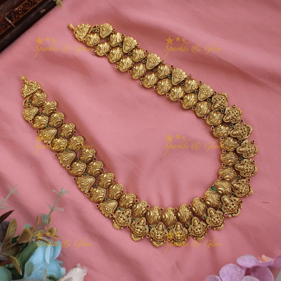 Stunning Gold alike Lakshmi carved two layer long necklace with ruby and emerald - Sparkle and Glow