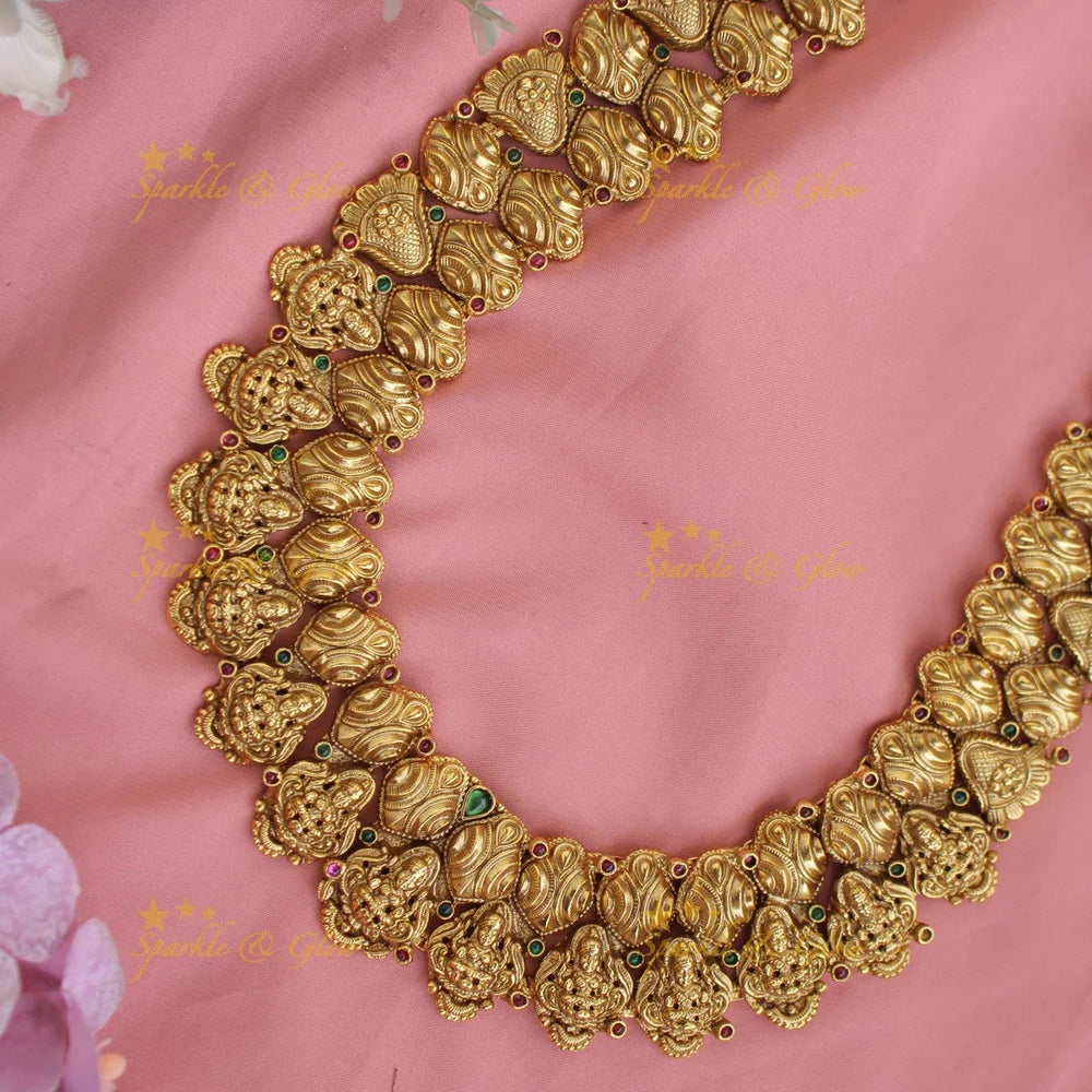 Stunning Gold alike Lakshmi carved two layer long necklace with ruby and emerald - Sparkle and Glow