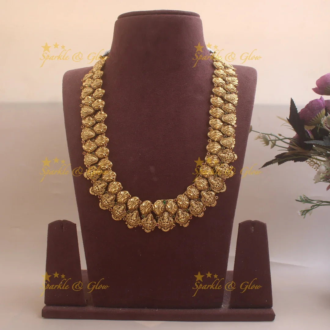 Stunning Gold alike Lakshmi carved two layer long necklace with ruby and emerald - Sparkle and Glow