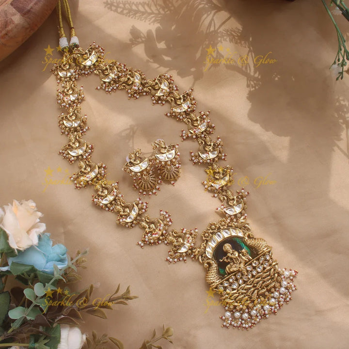 Statement Krishna playinng flute pendant kundan stone long necklace with green beads - Sparkle and Glow