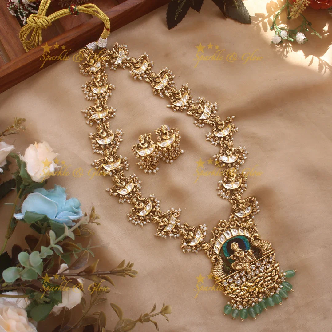 Statement Krishna playinng flute pendant kundan stone long necklace with green beads - Sparkle and Glow
