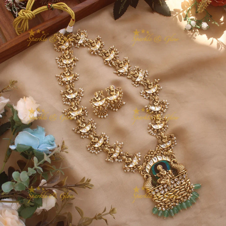 Statement Krishna playinng flute pendant kundan stone long necklace with green beads - Sparkle and Glow