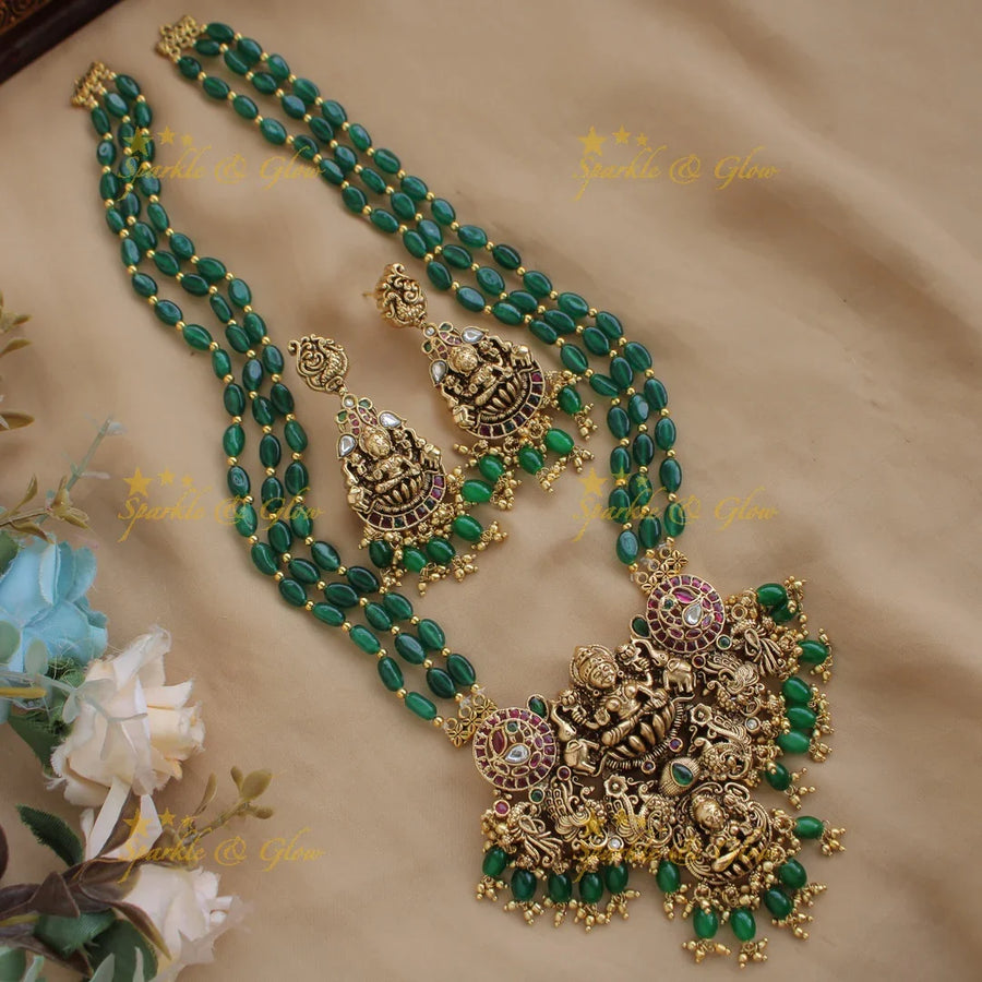 Beautiful Lakshmi peacock carved pendant long necklace with multi layer green beads chain - Sparkle and Glow