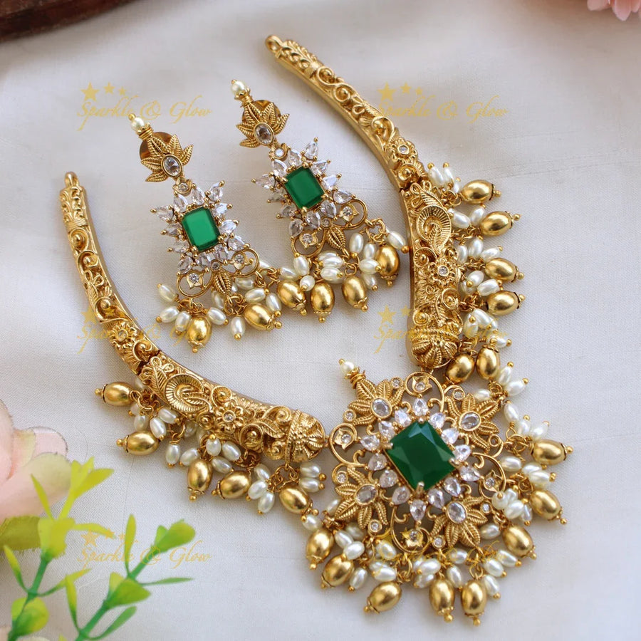 Beautiful Floral design short necklace with emerald rice pearl and CZ stones - Sparkle and Glow