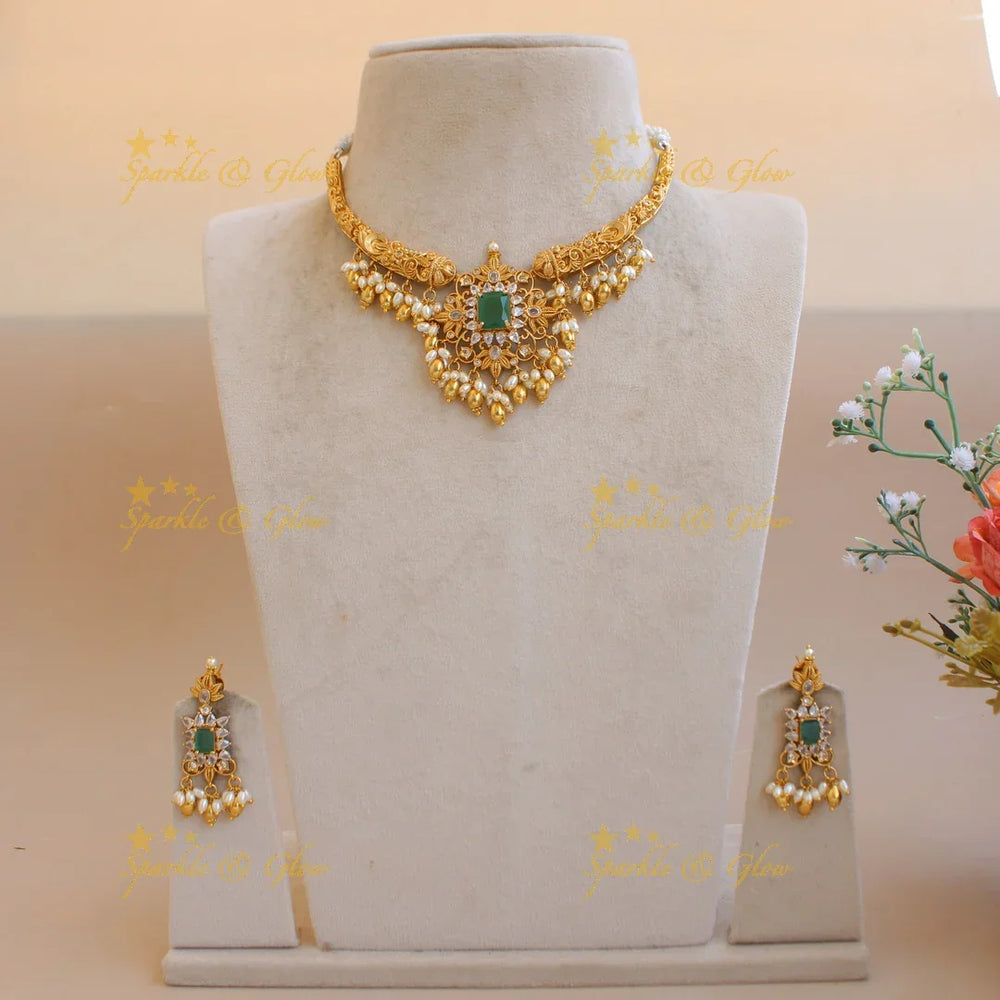 Beautiful Floral design short necklace with emerald rice pearl and CZ stones - Sparkle and Glow