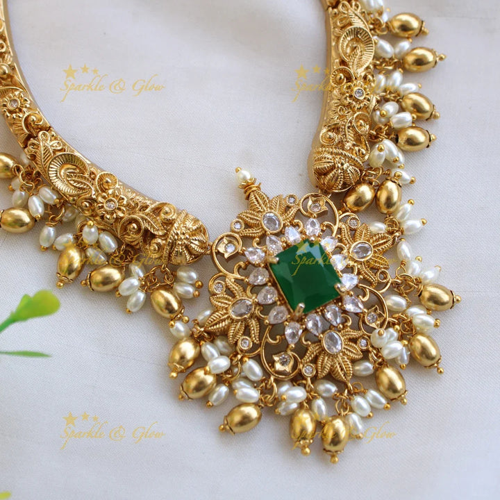 Beautiful Floral design short necklace with emerald rice pearl and CZ stones - Sparkle and Glow