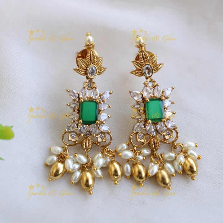 Beautiful Floral design short necklace with emerald rice pearl and CZ stones - Sparkle and Glow