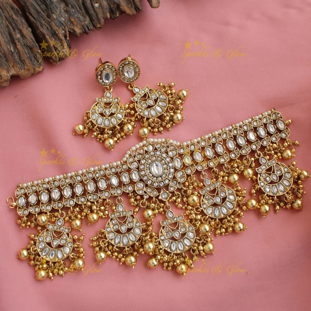 Statement Half moon kundan choker with pearls and gold beads - Sparkle and Glow