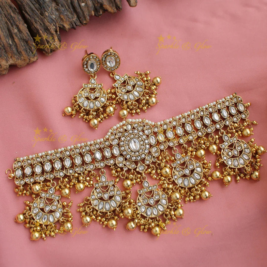 Statement Half moon kundan choker with pearls and gold beads - Sparkle and Glow