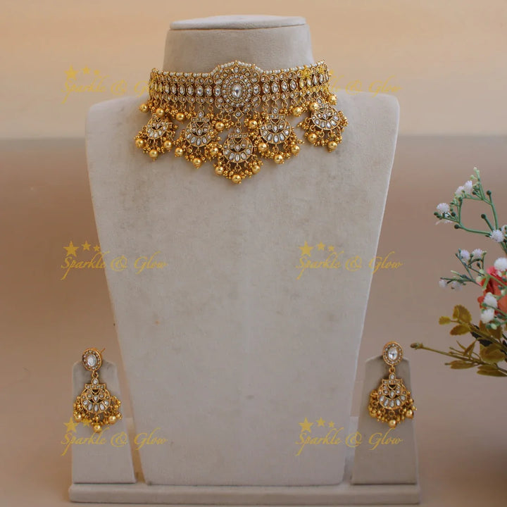 Statement Half moon kundan choker with pearls and gold beads - Sparkle and Glow