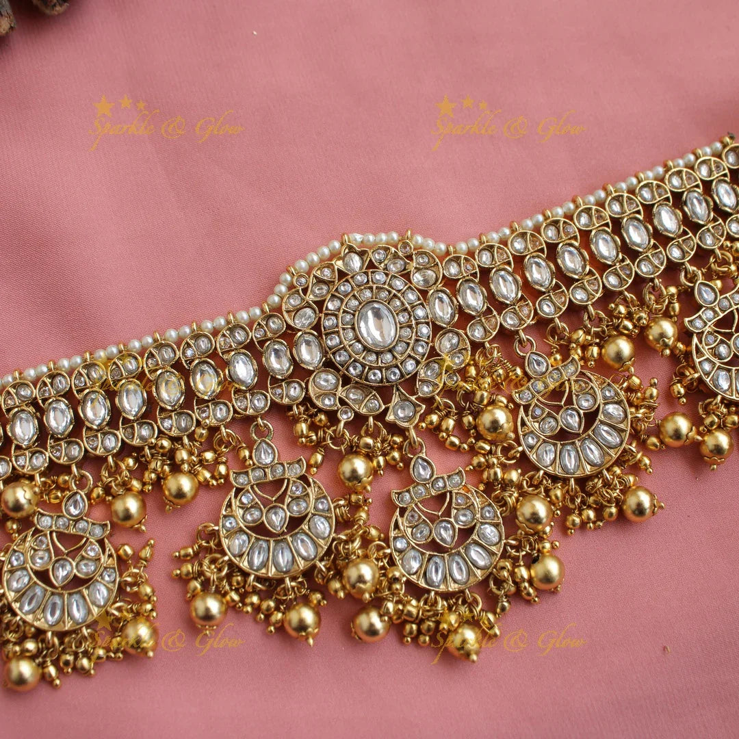 Statement Half moon kundan choker with pearls and gold beads - Sparkle and Glow