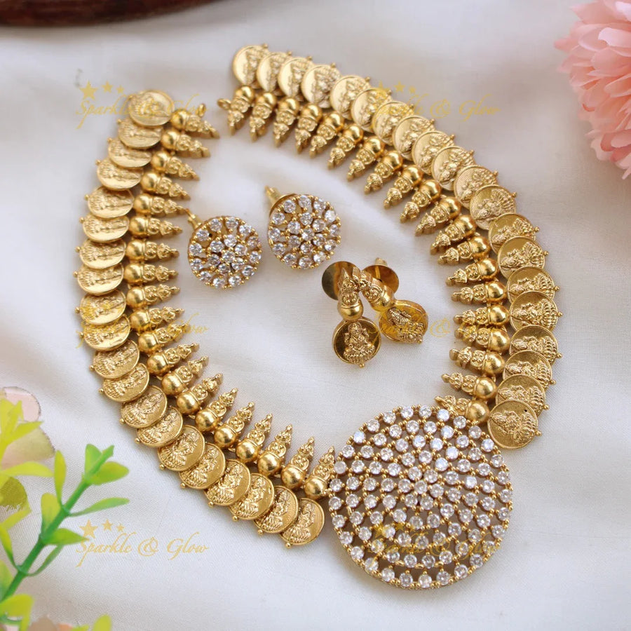Stunnning Lakshmi coin short necklace with CZ stones - Sparkle and Glow