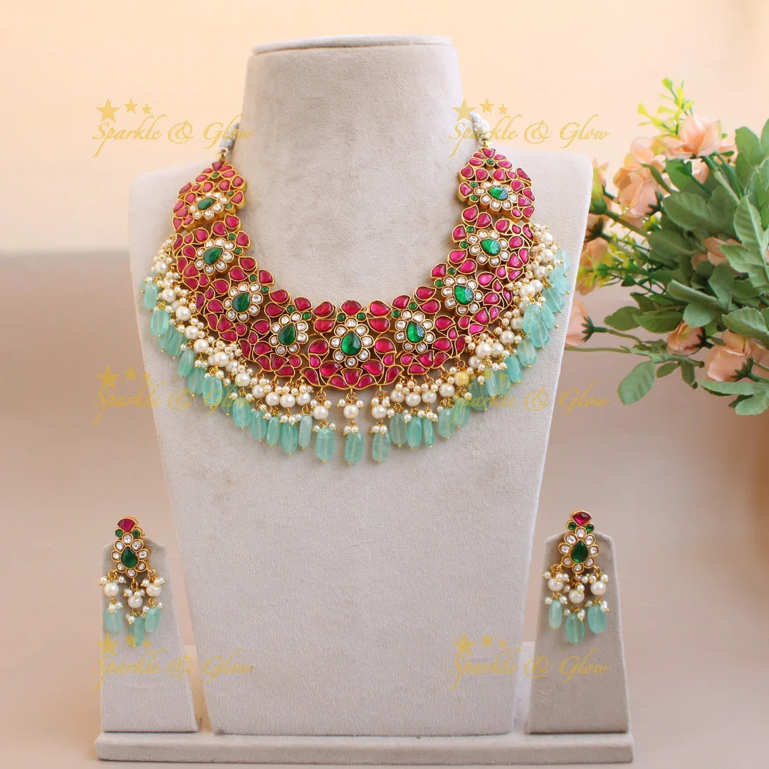 Gorgeous Floral design bridal jadau short necklace with pearls and mint green beads - Sparkle and Glow