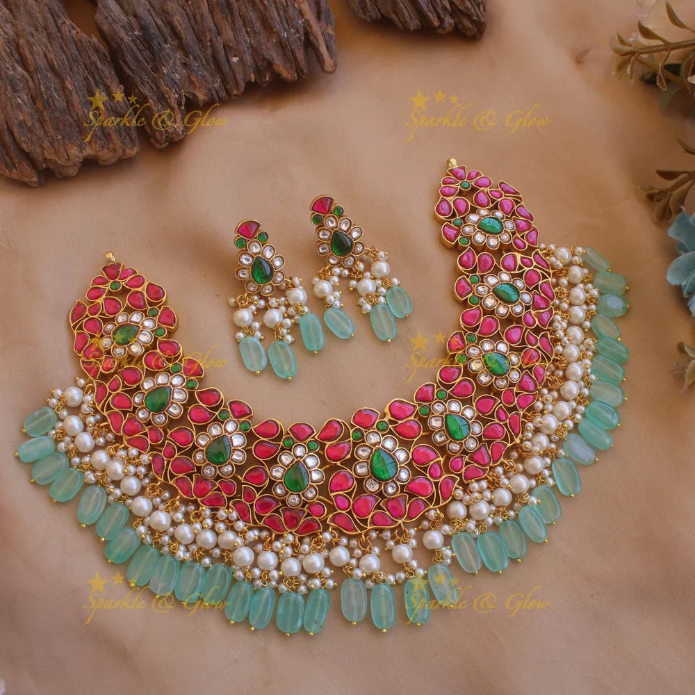 Gorgeous Floral design bridal jadau short necklace with pearls and mint green beads - Sparkle and Glow