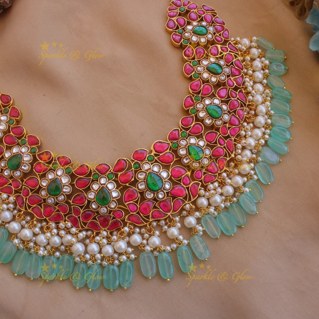 Gorgeous Floral design bridal jadau short necklace with pearls and mint green beads - Sparkle and Glow