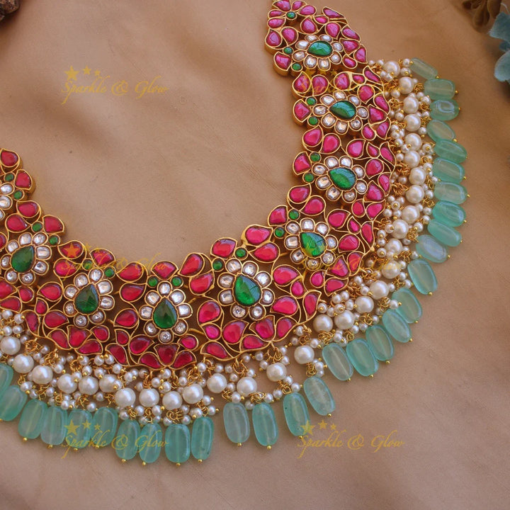 Gorgeous Floral design bridal jadau short necklace with pearls and mint green beads - Sparkle and Glow