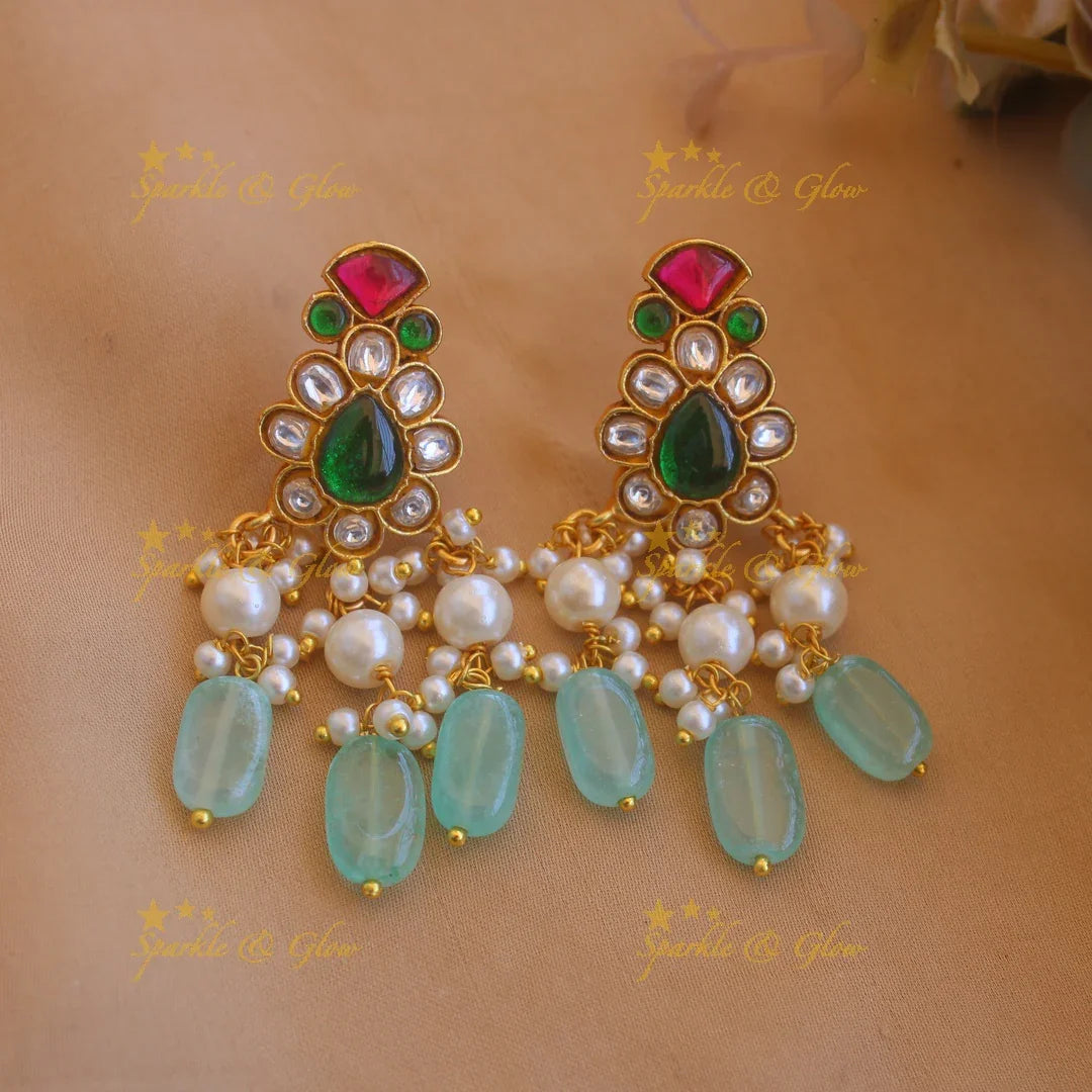 Gorgeous Floral design bridal jadau short necklace with pearls and mint green beads - Sparkle and Glow