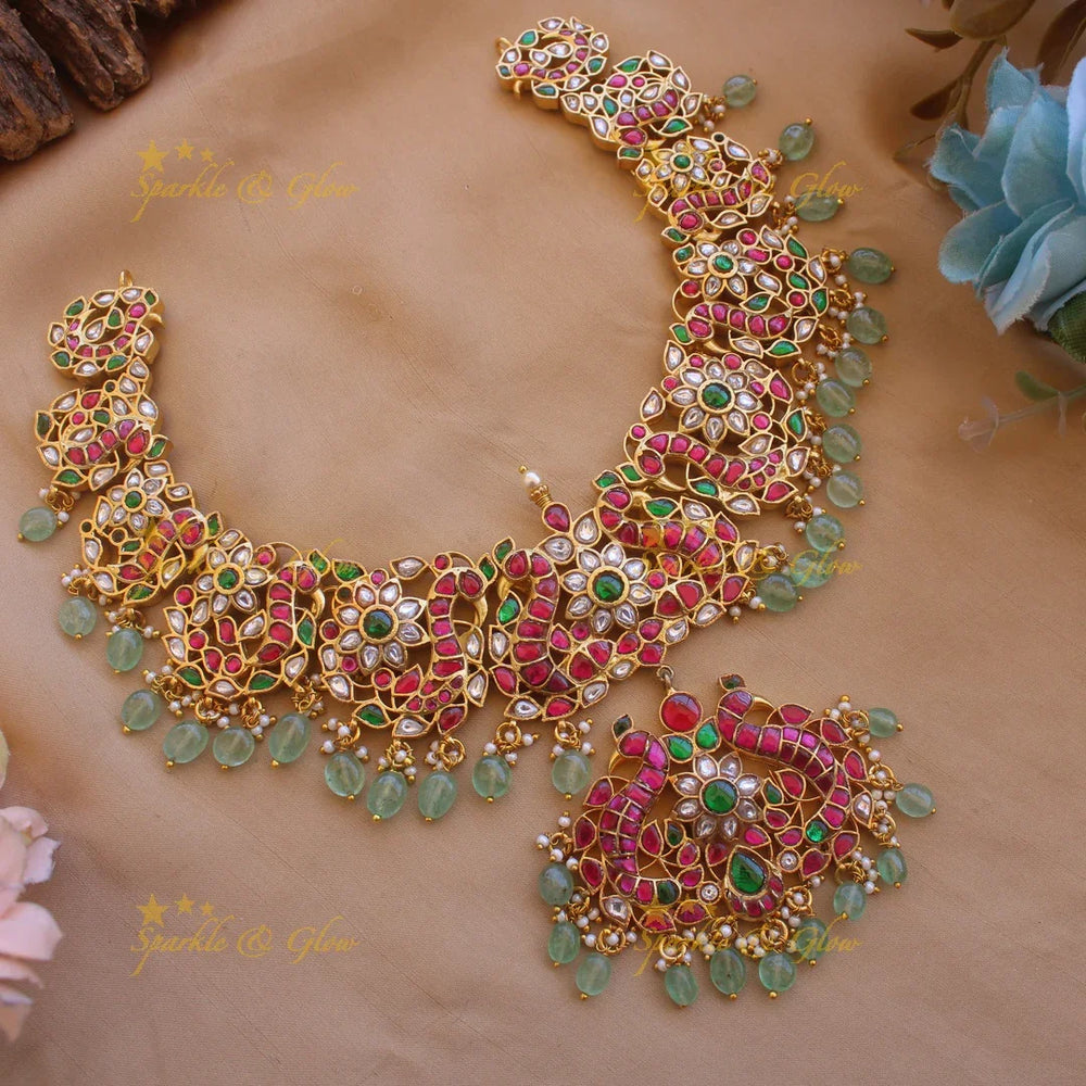 Statement Peacock floral design jadau short necklace with pearls and mint green beads - Sparkle and Glow