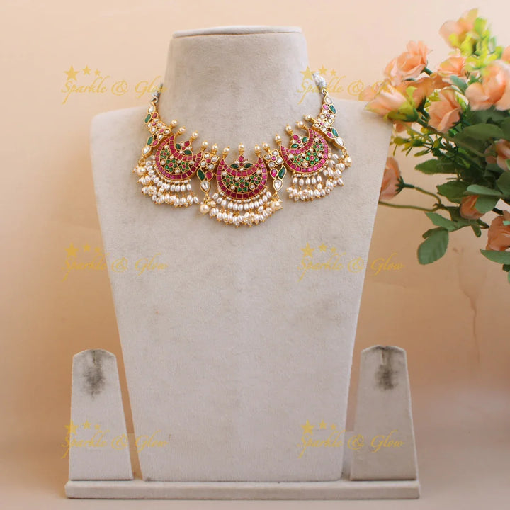 Beautiful Half moon floral design jadau short necklace rice pearl drops - Sparkle and Glow