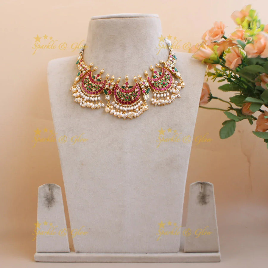 Beautiful Half moon floral design jadau short necklace rice pearl drops - Sparkle and Glow