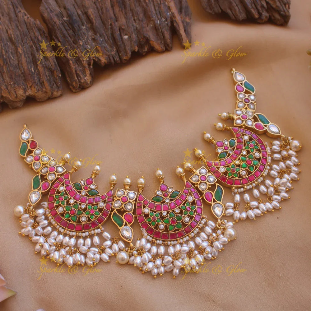 Beautiful Half moon floral design jadau short necklace rice pearl drops - Sparkle and Glow