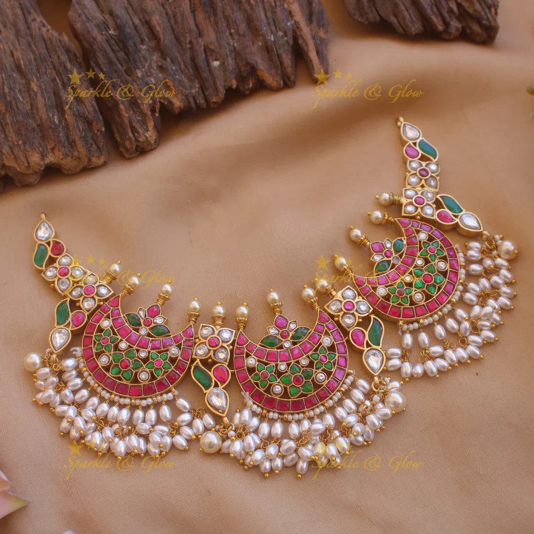 Beautiful Half moon floral design jadau short necklace rice pearl drops - Sparkle and Glow