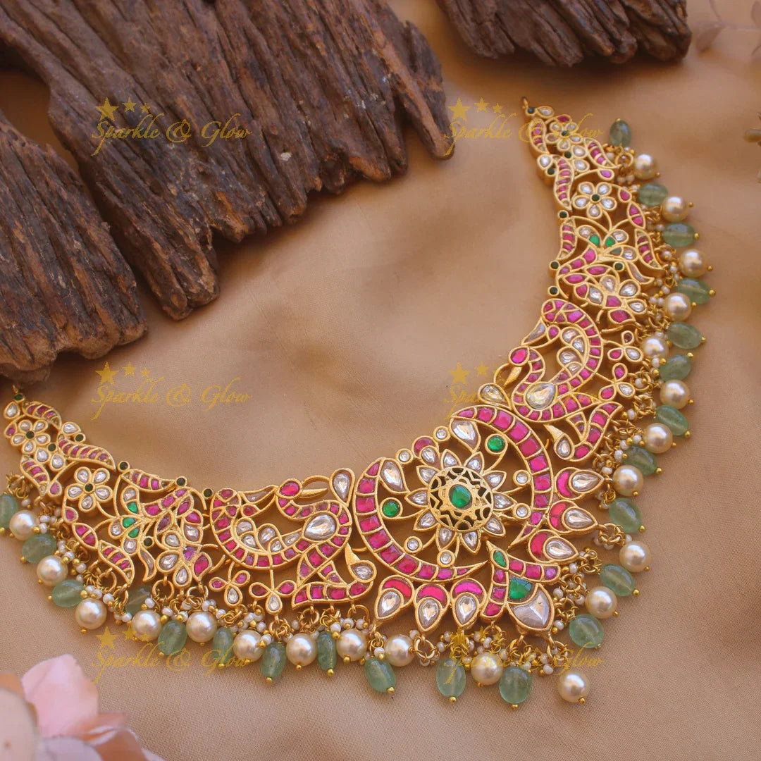 Stunning Peacock flower carved jadau short necklace with pearls and mint green beads - Sparkle and Glow