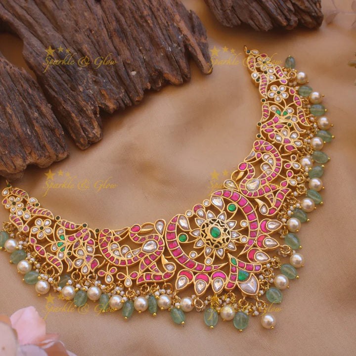 Stunning Peacock flower carved jadau short necklace with pearls and mint green beads - Sparkle and Glow
