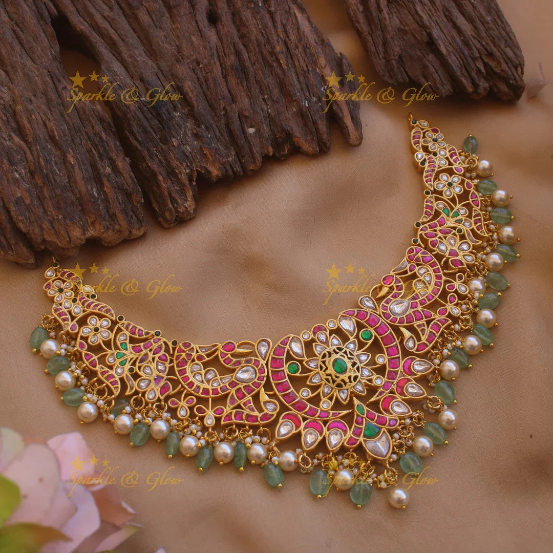 Stunning Peacock flower carved jadau short necklace with pearls and mint green beads - Sparkle and Glow