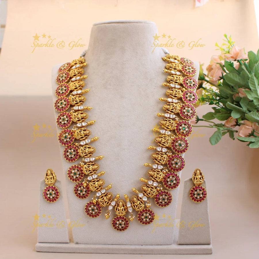 Exclusive Lakshmi bottu floral design jadau long necklace with gold beads - Sparkle and Glow