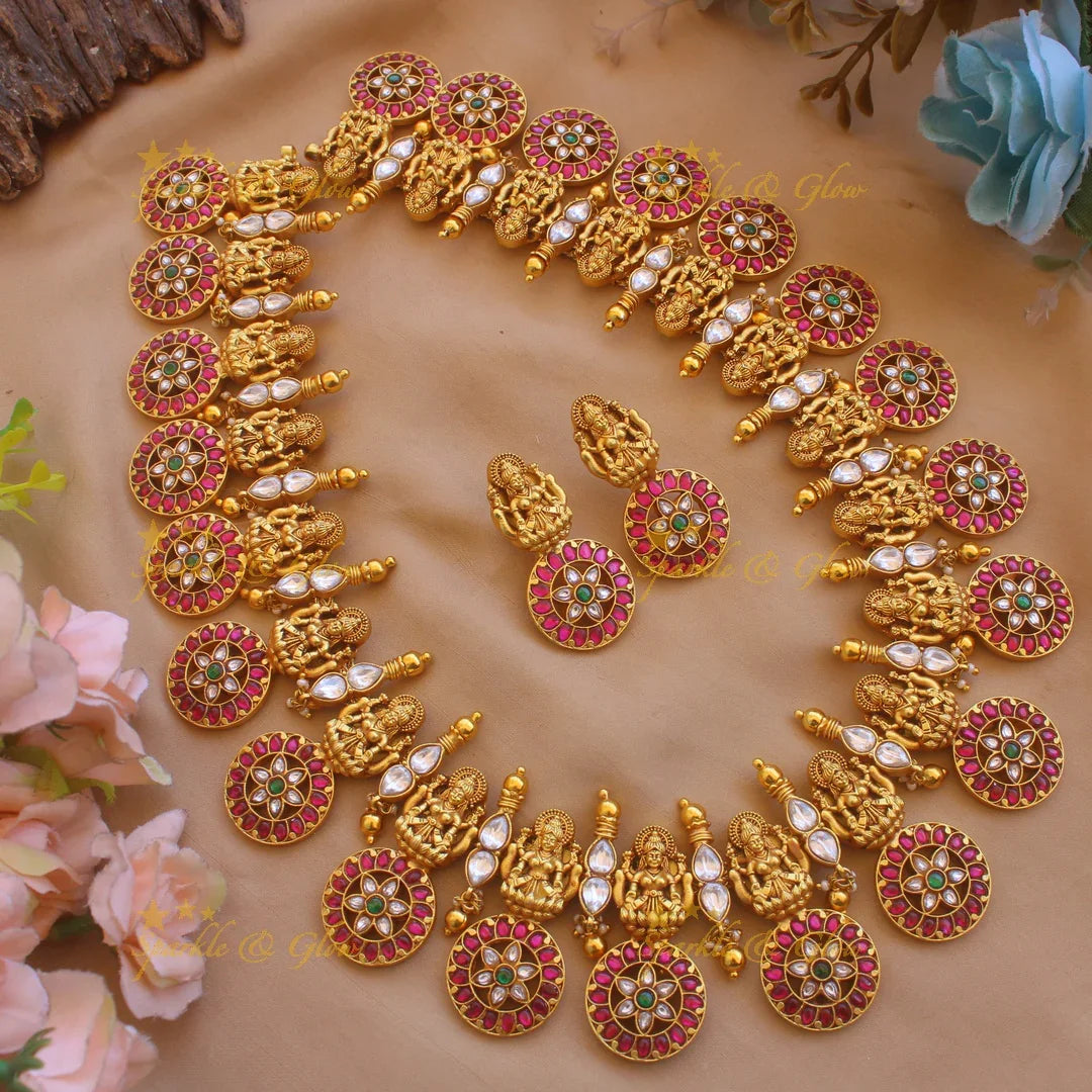 Exclusive Lakshmi bottu floral design jadau long necklace with gold beads - Sparkle and Glow