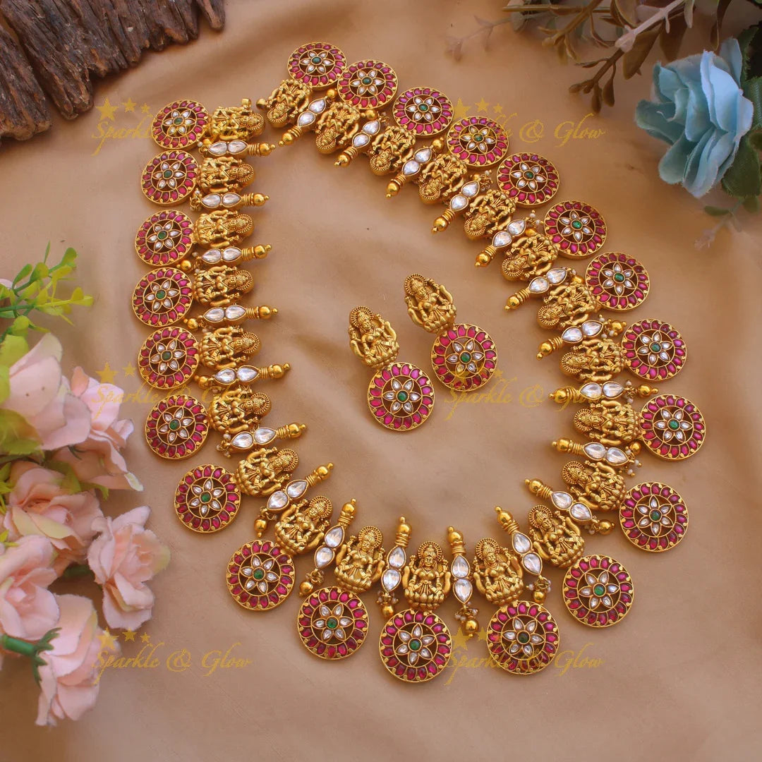 Exclusive Lakshmi bottu floral design jadau long necklace with gold beads - Sparkle and Glow