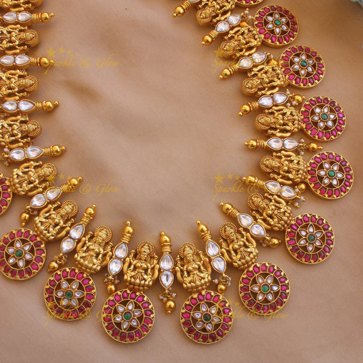 Exclusive Lakshmi bottu floral design jadau long necklace with gold beads - Sparkle and Glow