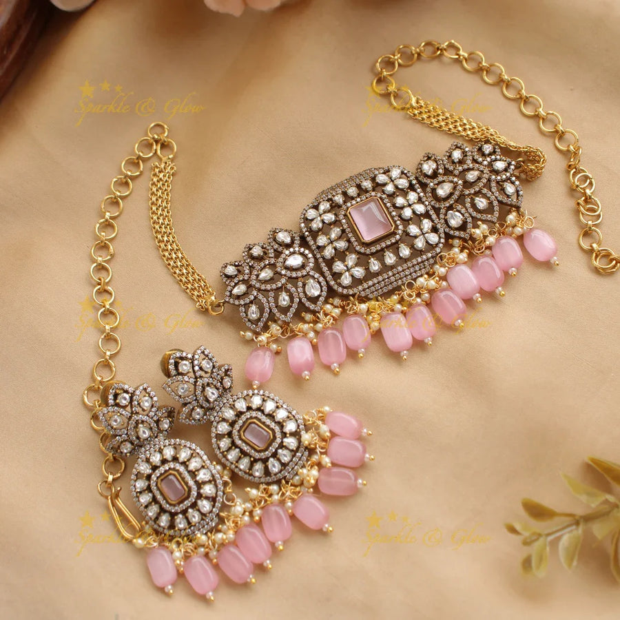 Elegant Floral and square design victorian AD choker with baby pink beads - Sparkle and Glow