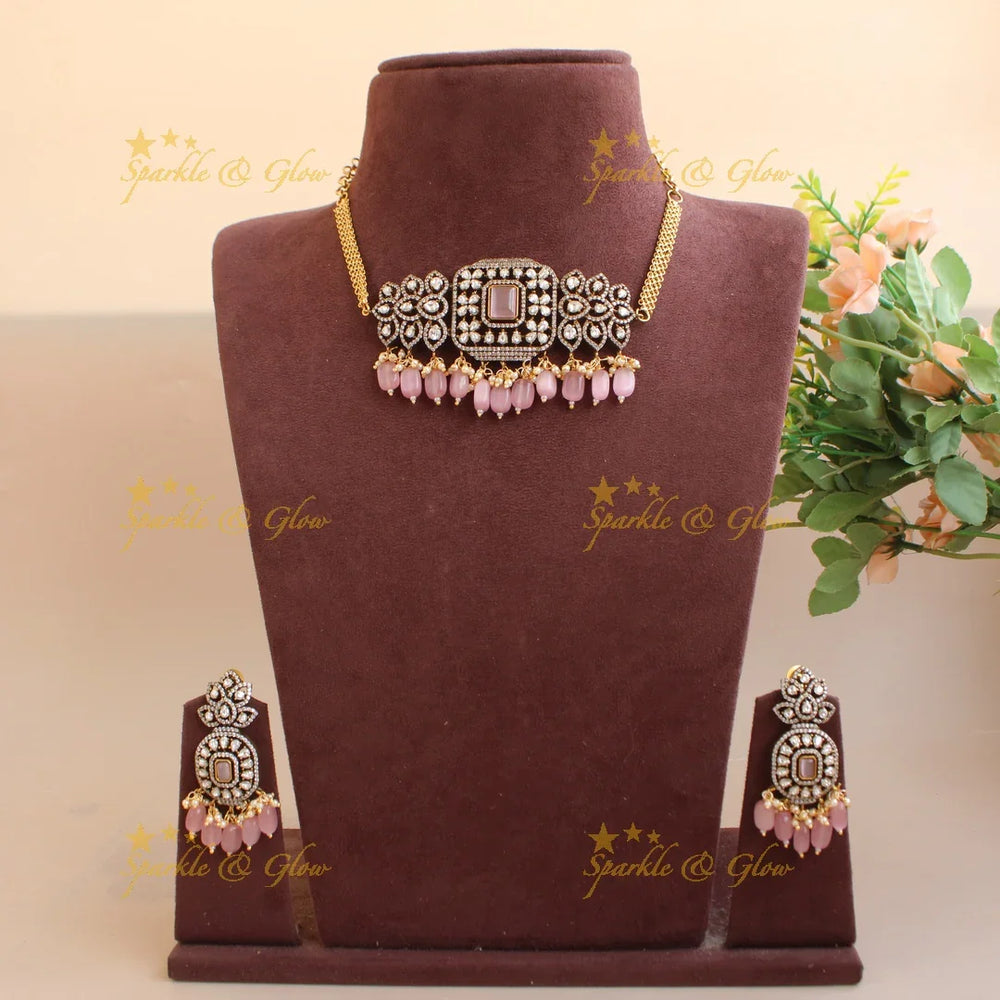 Elegant Floral and square design victorian AD choker with baby pink beads - Sparkle and Glow