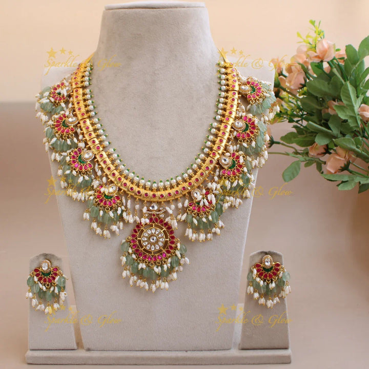 Gorgeous floral and moon design jadau long necklace with mint green beads and rice pearls - Sparkle and Glow