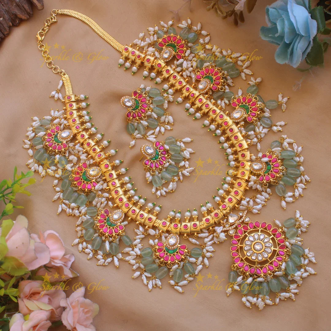 Gorgeous floral and moon design jadau long necklace with mint green beads and rice pearls - Sparkle and Glow