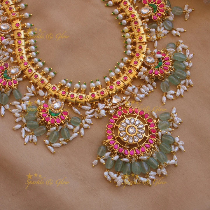 Gorgeous floral and moon design jadau long necklace with mint green beads and rice pearls - Sparkle and Glow