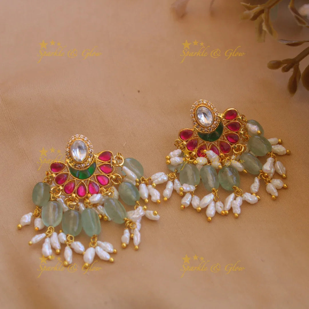 Gorgeous floral and moon design jadau long necklace with mint green beads and rice pearls - Sparkle and Glow