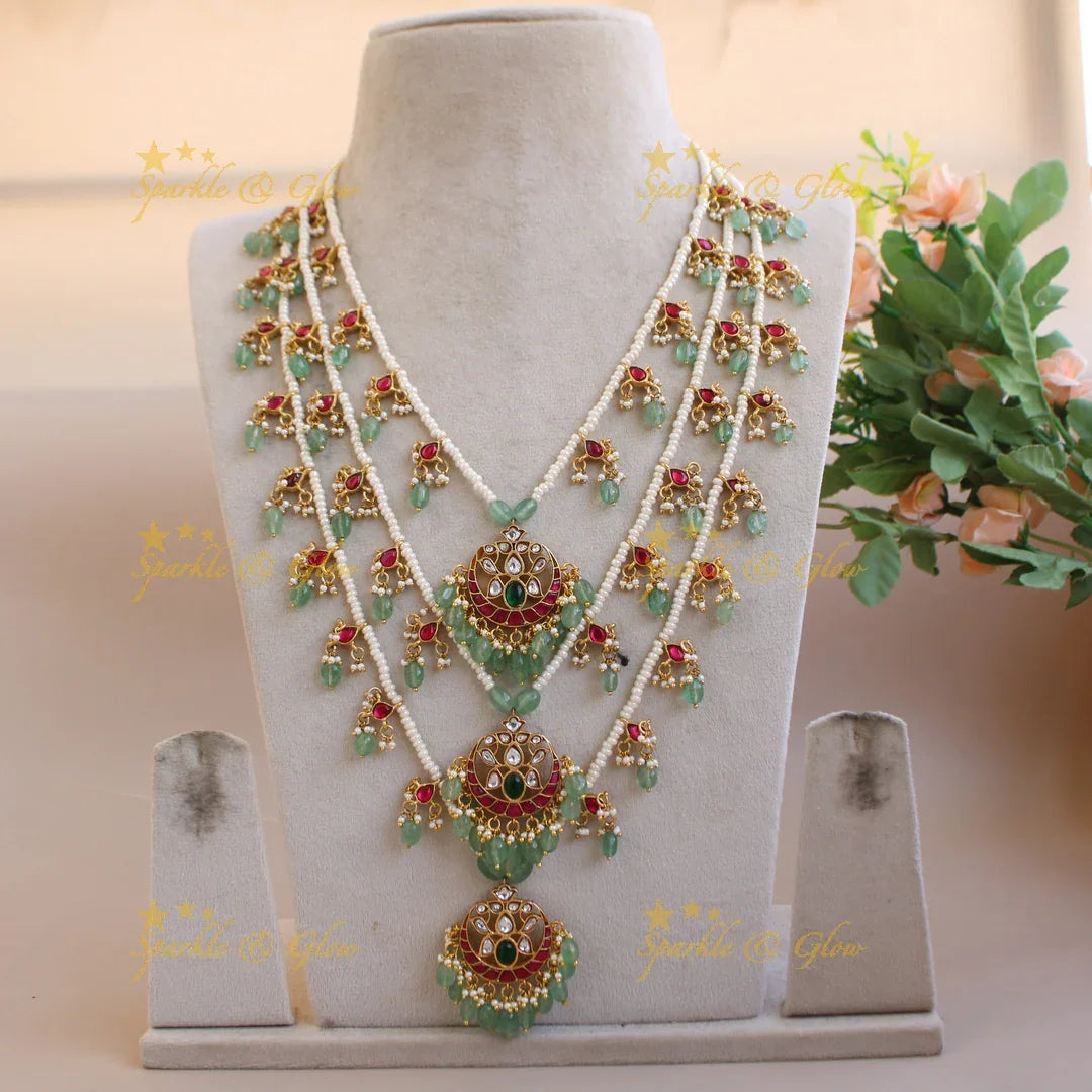 Stunning half moon floral design three layer pearl jadau haram with mint green beads - Sparkle and Glow